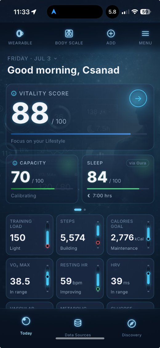 Vitality Tracker mobile app home screen showing Vitality Score and daily biomarkers